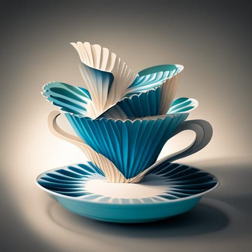 Blue Teacups Kirigami Paper Cut 3D Paperart