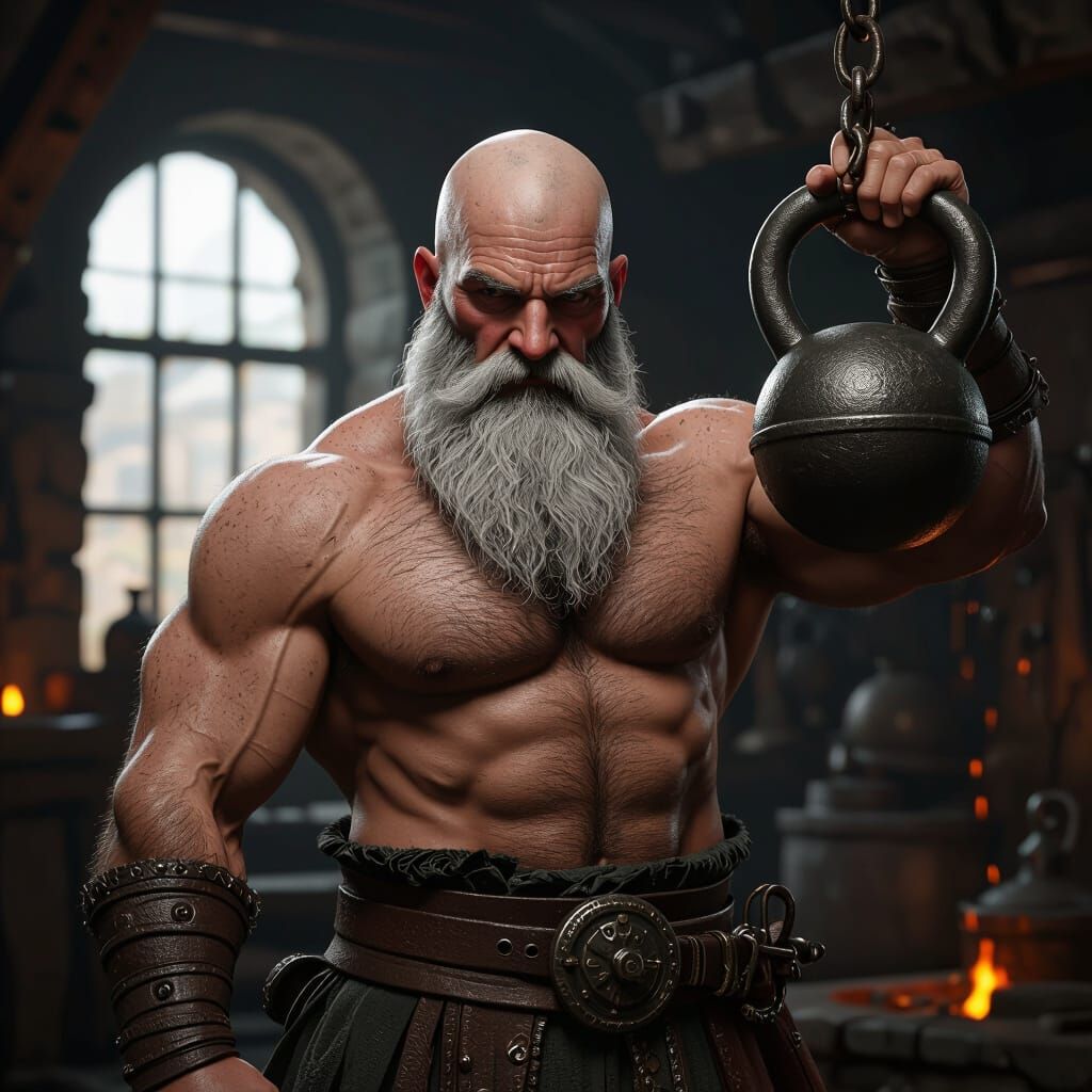 Muscular Bald Man Lifts Kettlebell in Medieval Forge