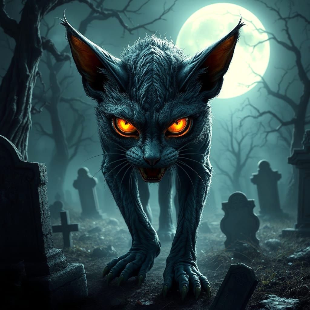 Scary Zombie Cat in Cemetery with Glowing Eyes