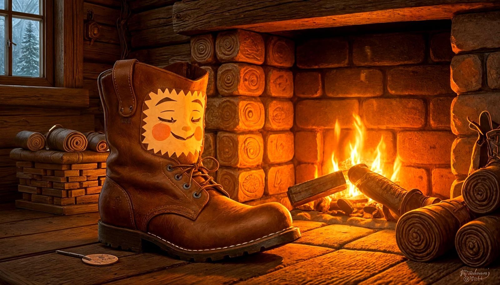 Charming Boot with Face by Fireplace in Cozy Cabin