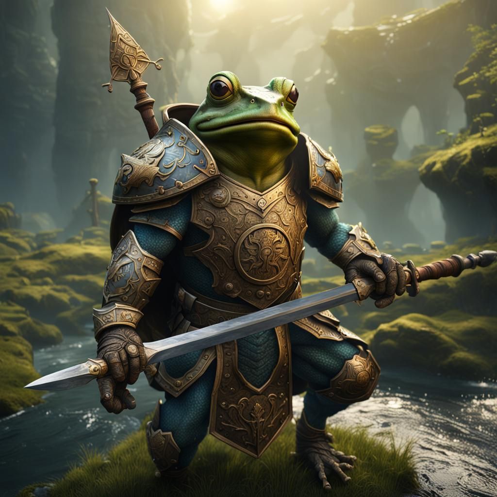 Frog Warrior with Shield and Sword in Detailed Matte Paintin...