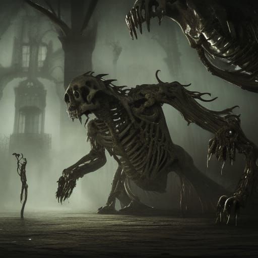 Haunted House Scene with Monster and Ghosts