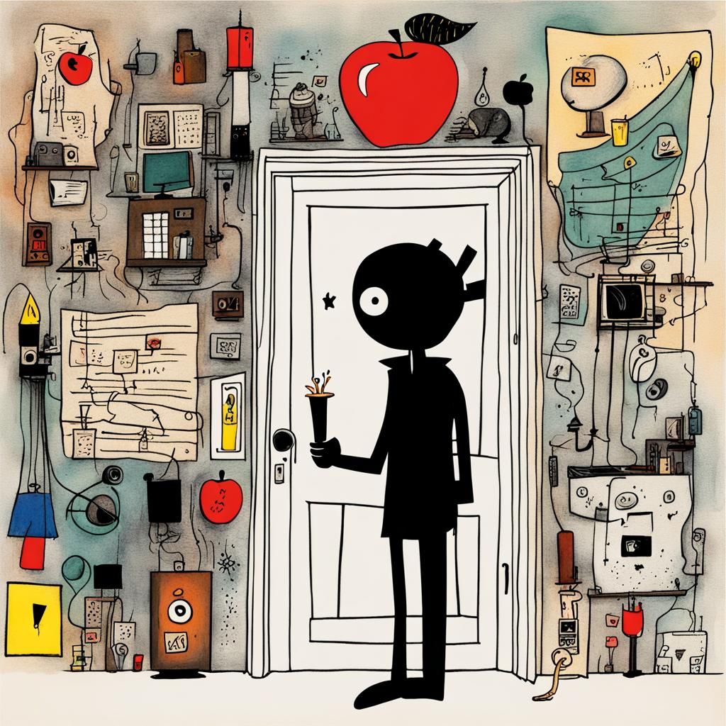 Whimsical Ink Illustration of Apple, Ocean, Prince