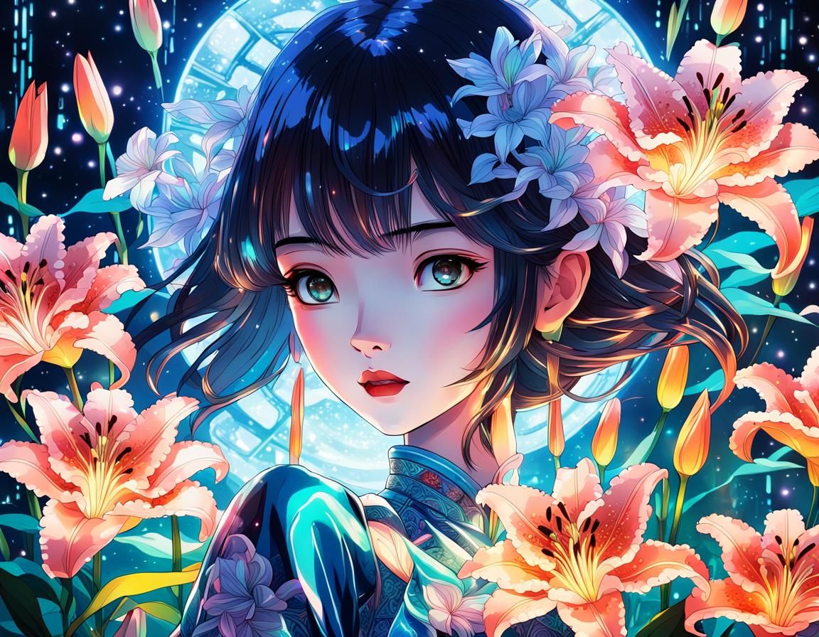 Elaborate Anime Fantasy Blossoms in Neon Lights