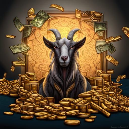 Rich Goat Surrounded by Gold and Gems