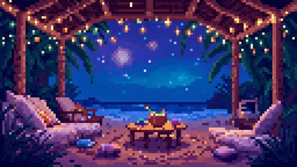 Cozy Pixel Art Beach Villa Under Galaxy Sky