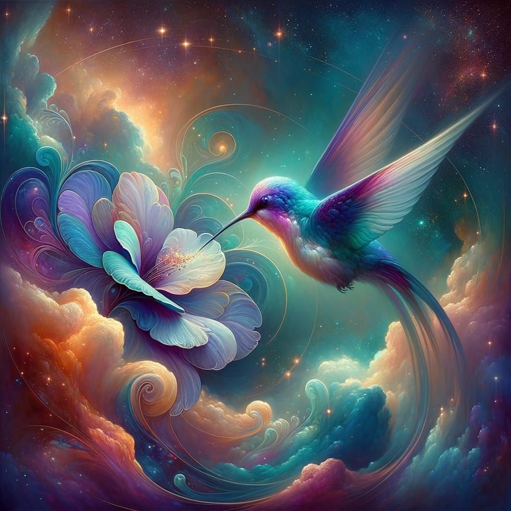 Ethereal Hummingbird in Dreamlike Art Nouveau Landscape