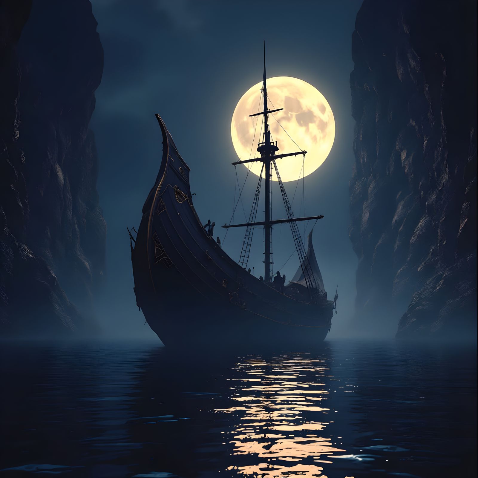 Moonlit Greek Warship Anchored in Lake