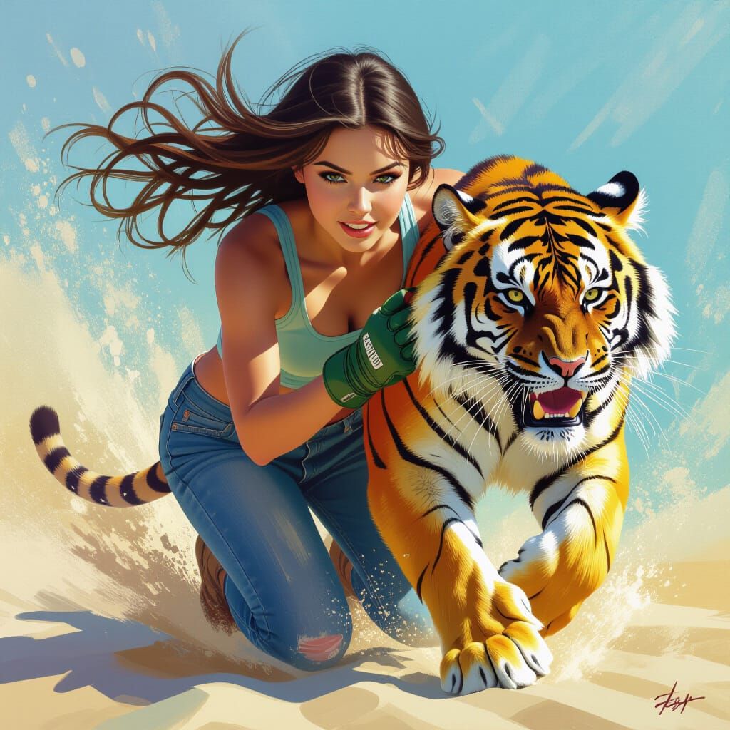 Girl in Combat Gear Chasing Tiger