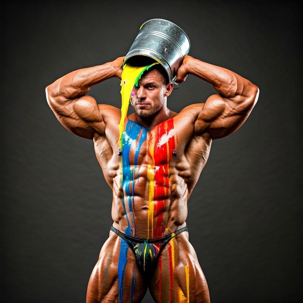 Muscular Bodybuilder Drenched in Vibrant Paint