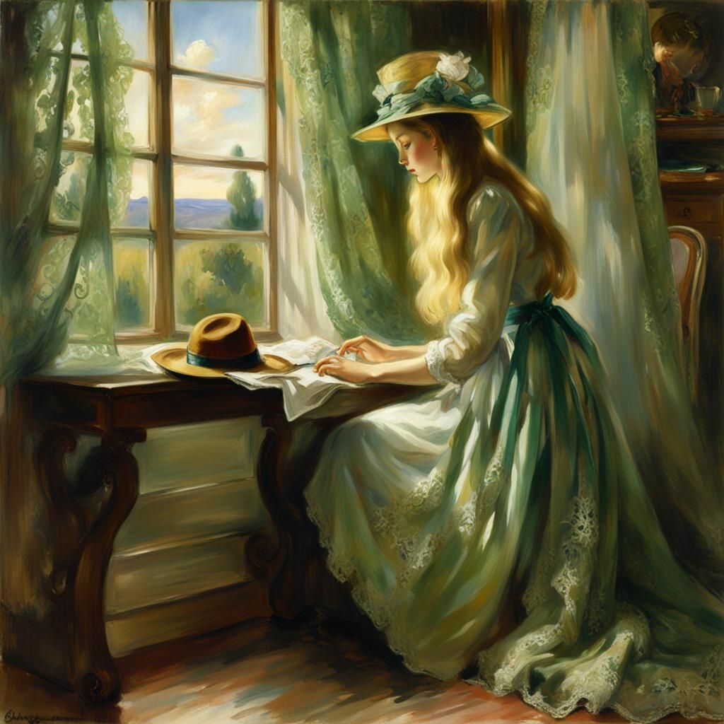 Blonde Girl Fixing Hat in Sargent-Style Painting