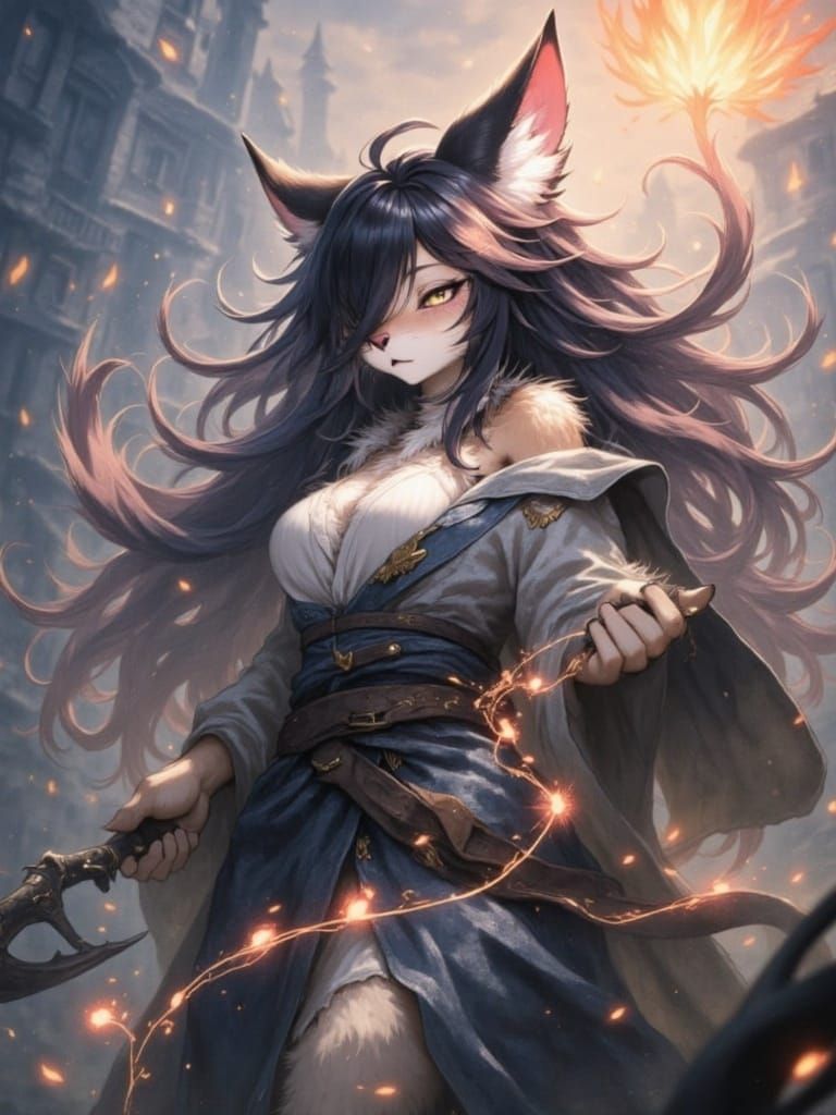 Lynx-Woman Conjures Flames in Abstract Anime Style