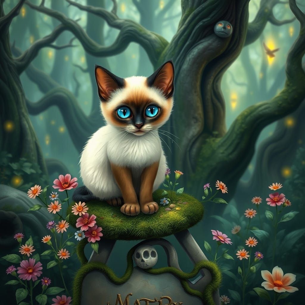 Whimsical Siamese Cat in Enchanted Forest