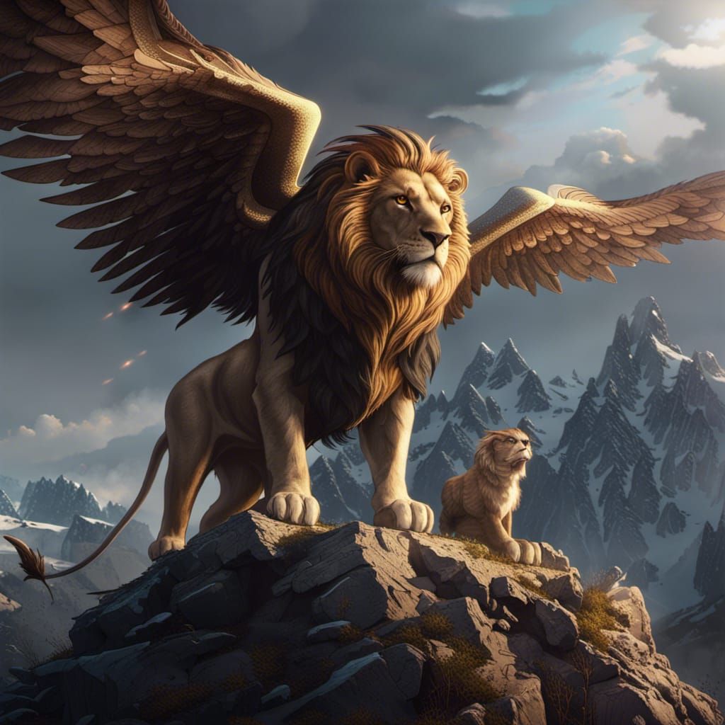 Winged Lion on Mountain in Dark Fantasy Style