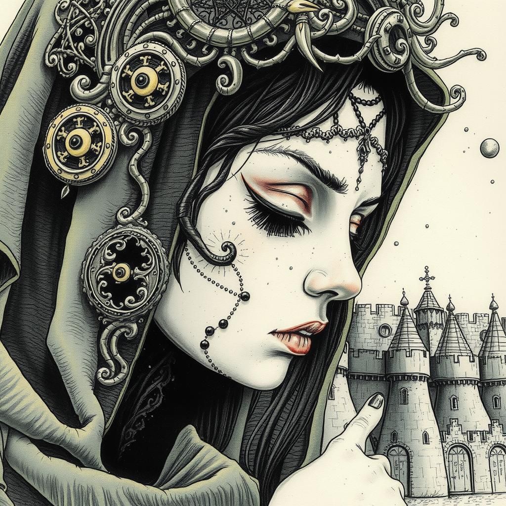 Biopunk Midwife in Watercolor Ink Style