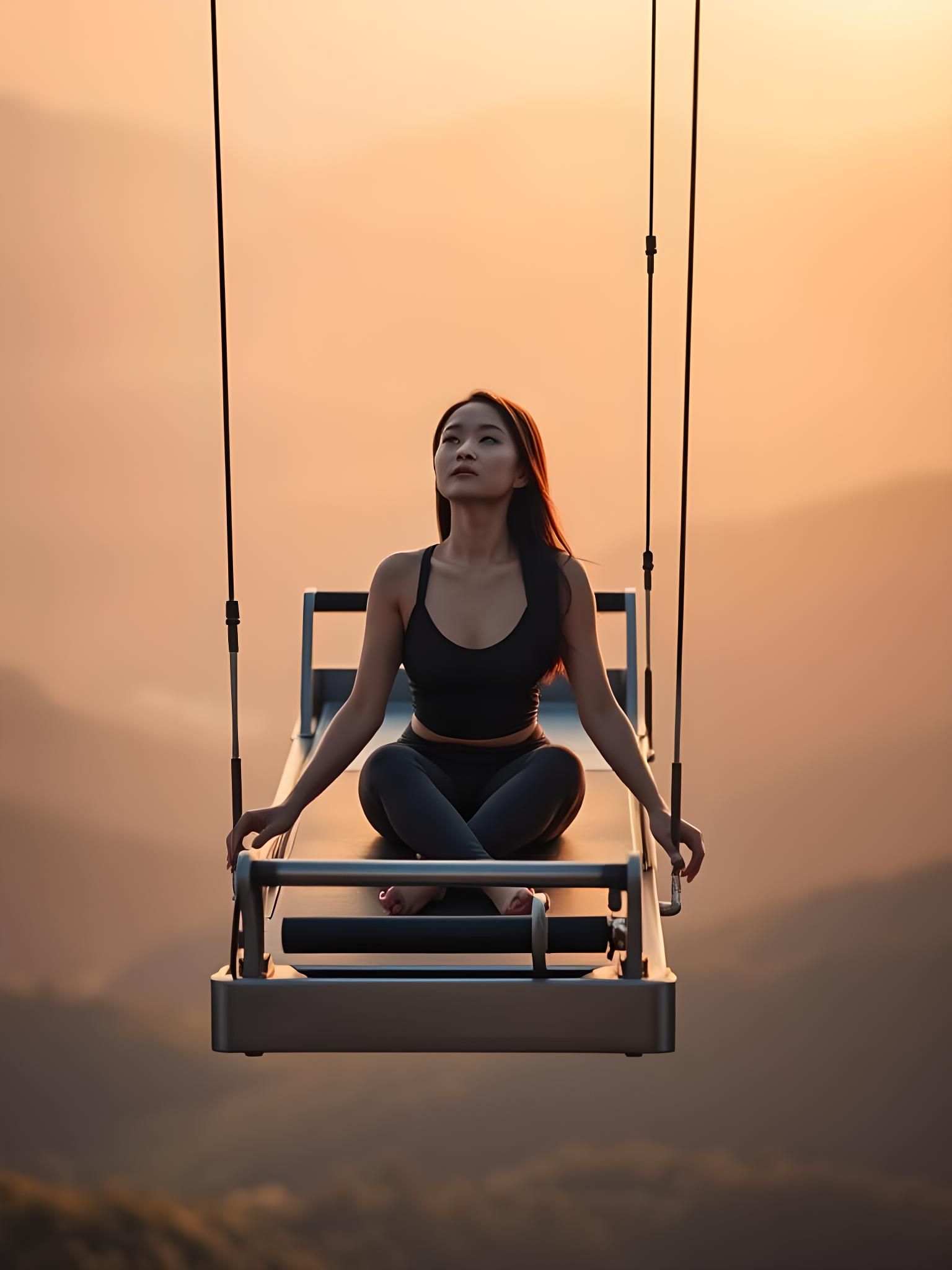 Asian Woman Doing Yoga Above Peaceful Valley
