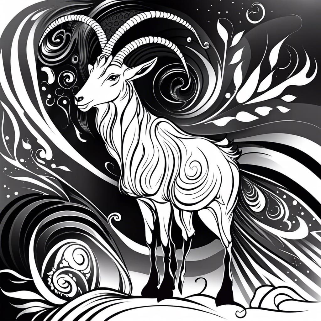 Goat in Graceful Black and White Line Art