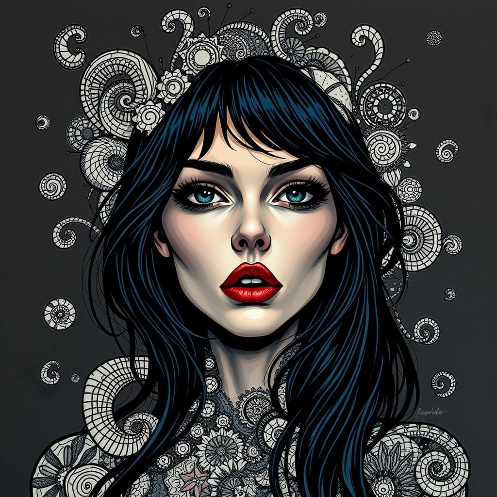 Mysterious Woman in Vibrant, Swirling Patterns