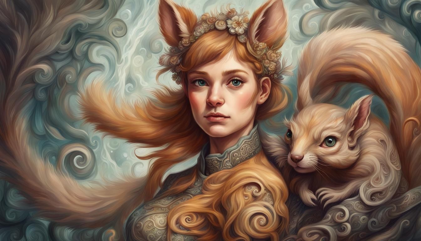 Fantasy Squirrel Girl Portrait in Watercolor Style