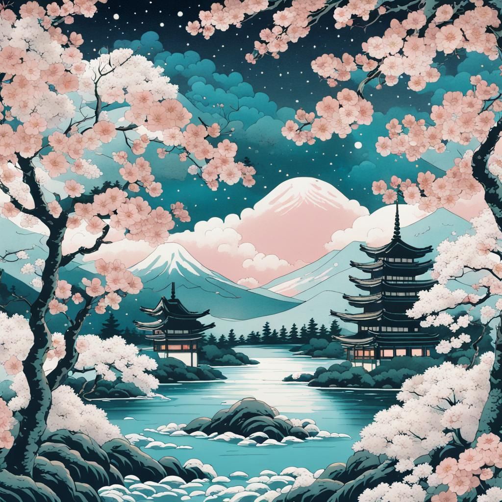 Sakura Spirits Dancing Under Moonlight in Ukiyo-e Style