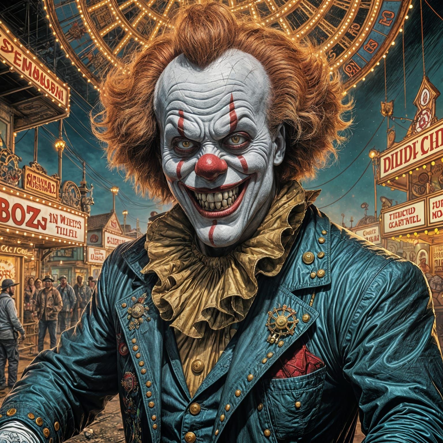 Evil Clown in Dilapidated Carnival, Comic Book Art