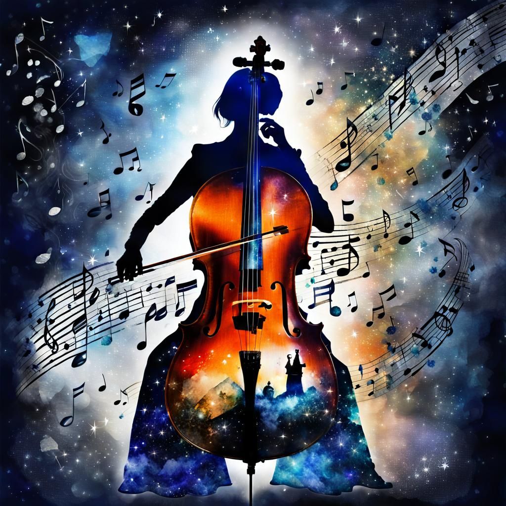 Crystal Woman with Cello in Astral Nightscape