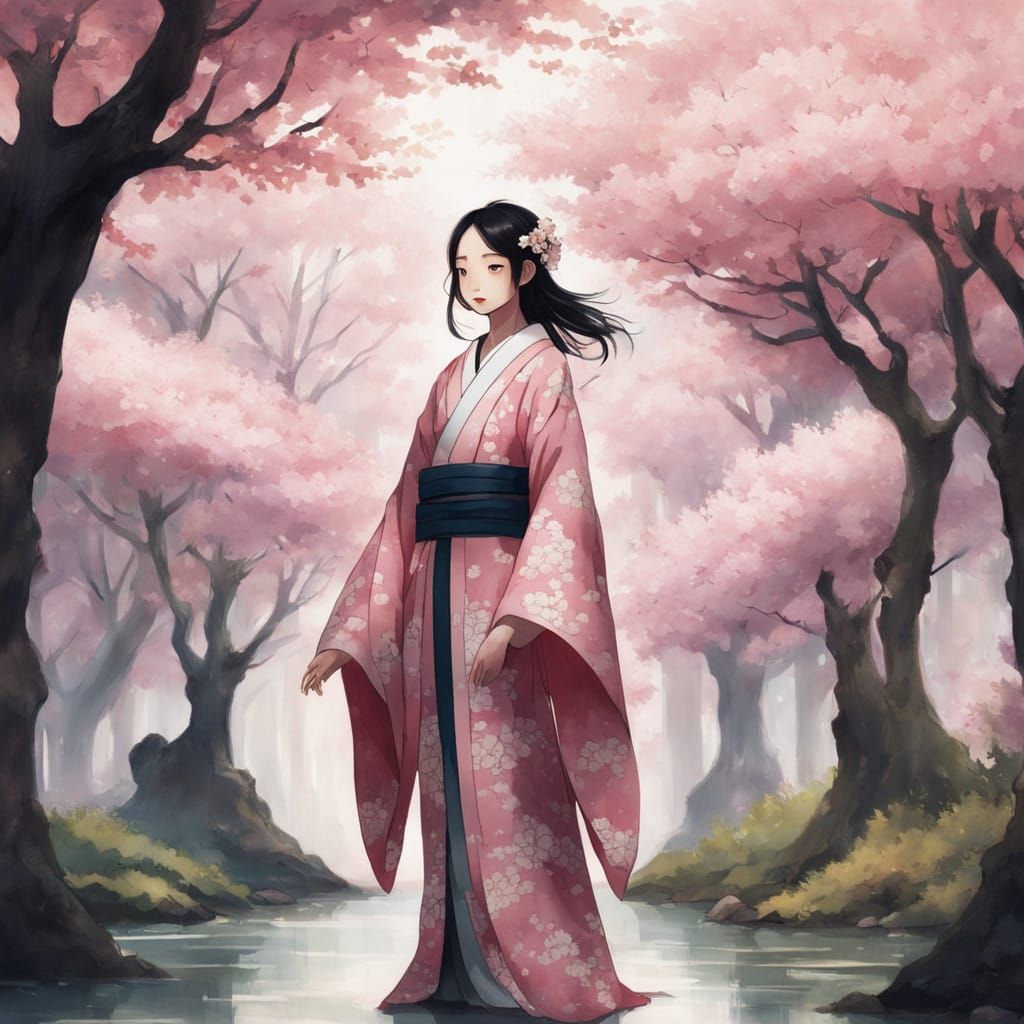 Surreal Cherry Blossom Goddess in Whimsical Style