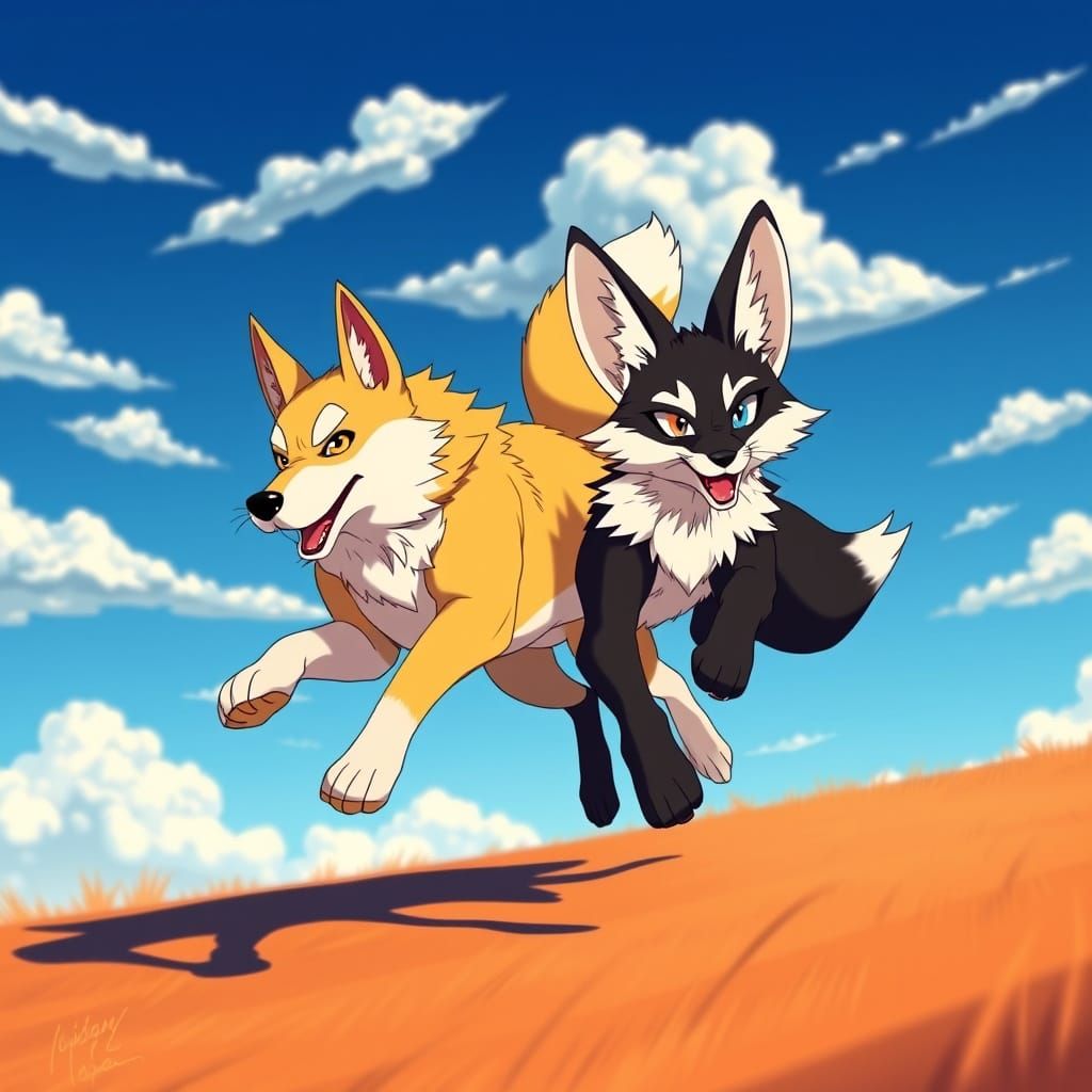 Vibrant Dingo and Fox Duo in Dynamic Sync