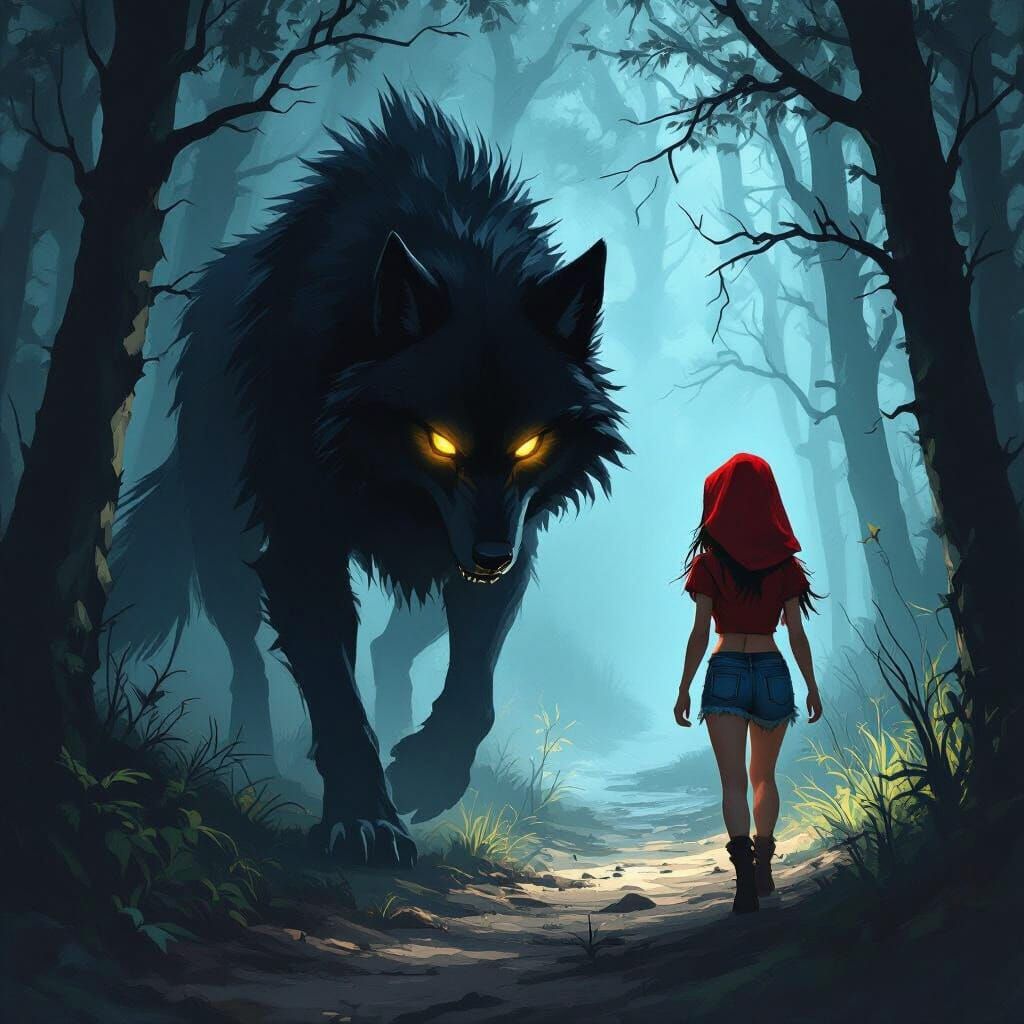 Menacing Black Wolf Stalks Little Red Riding Hood in Dark Fo...