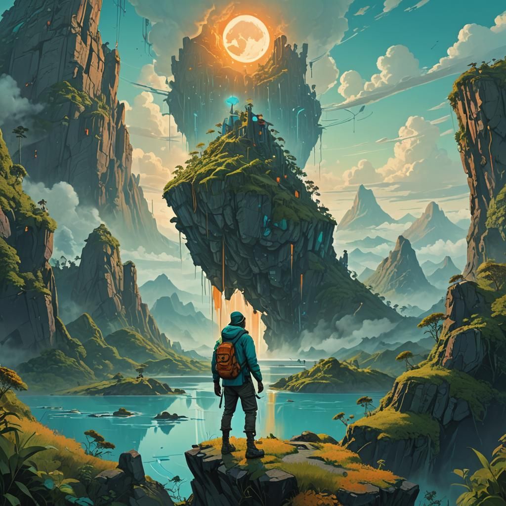 Dreamy Figure on Mystical Mountain in Fantasy Landscape
