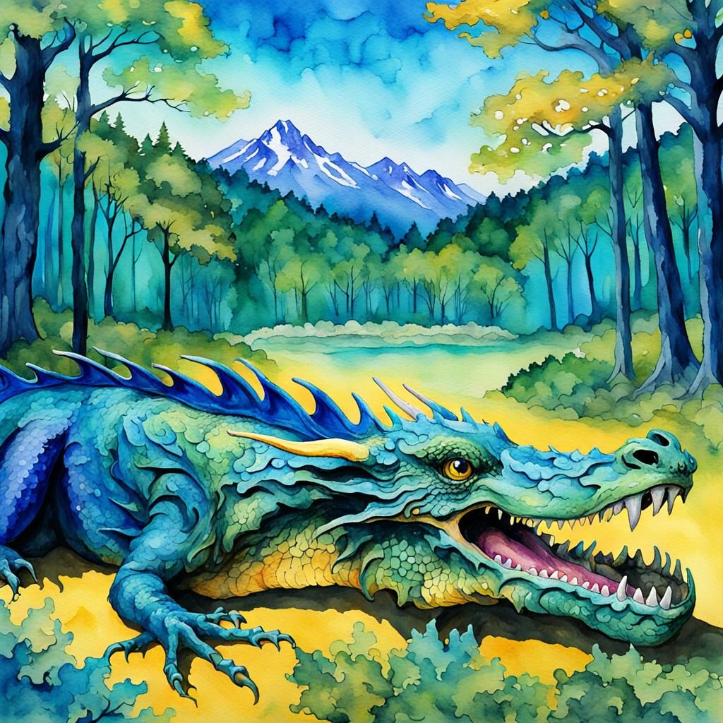 Watercolor Wingless Dragon in Forest Scene