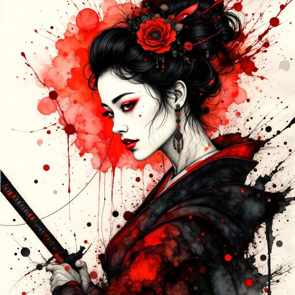 Geisha With Katana in Dynamic Ink Style