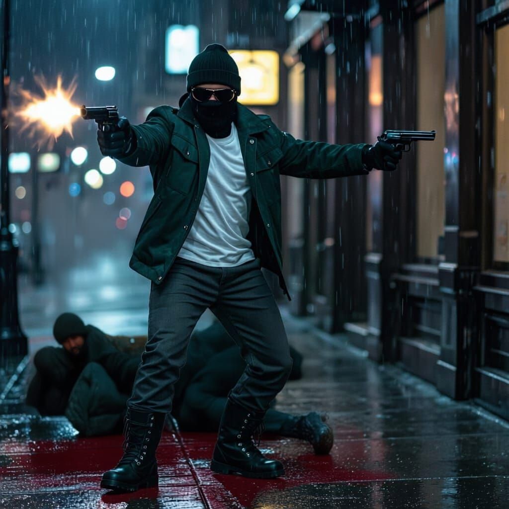 Cinematic Film Noir Scene: Man Shoots Another on Rainy Sidew...