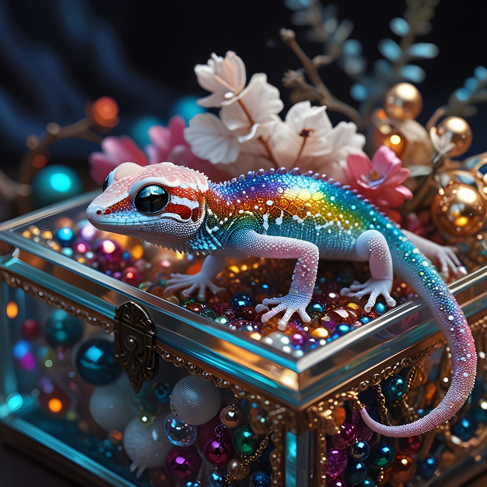 Rainbow Gecko in Glass Jewelry Box