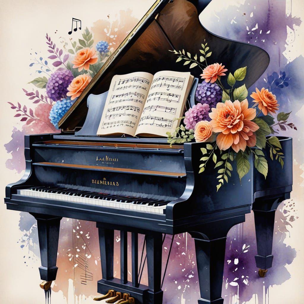 Grand Piano Surrounded by Flowers, Watercolor Painting