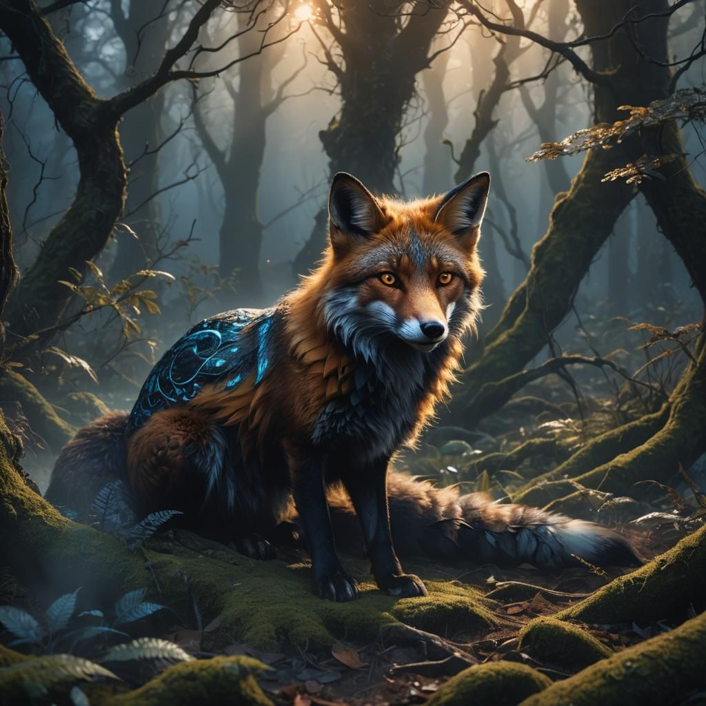 Mysterious Dark Fox in Fantasy Forest: Digital Art
