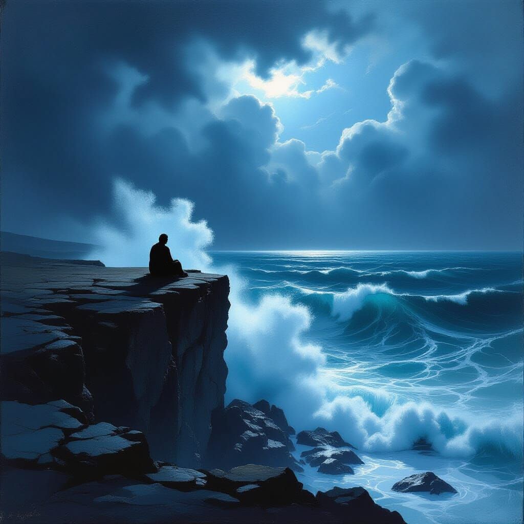 Figure on Cliff Overlooking Stormy Sea