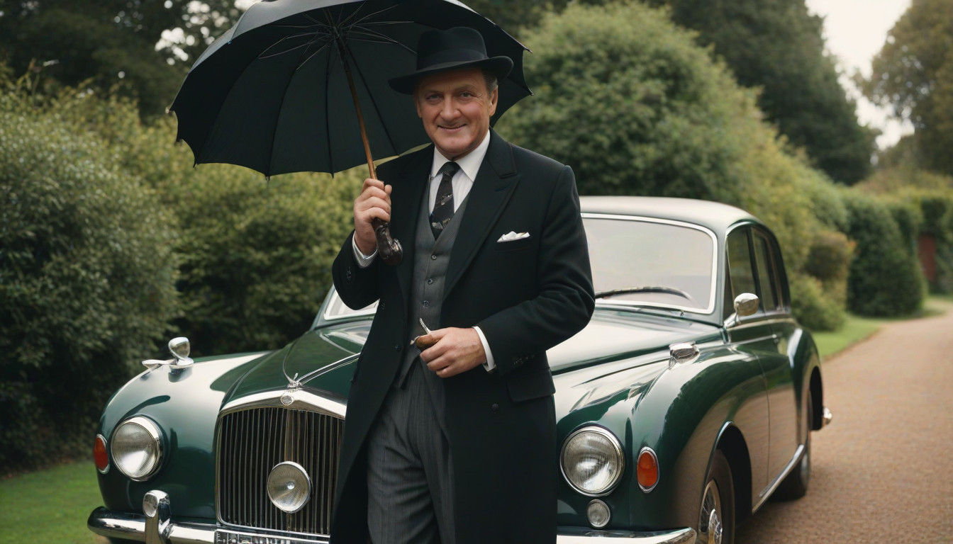 Patrick MacNee as John Steed a dapper 1960s British Secret Agent, dress in a steel grey stylish three-piece suit, Matchi...