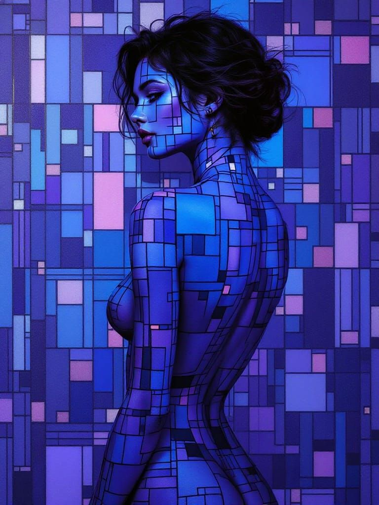 Geometric Body Art Merges With Wall Design