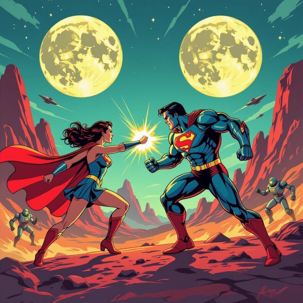 Retro Comic Heroes Fight Robots on Alien World