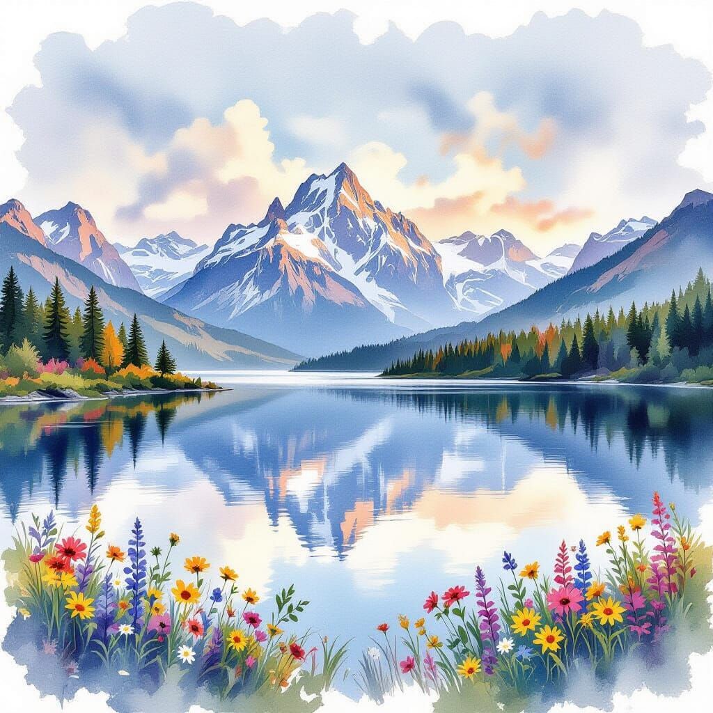 Majestic Mountain Lake Reflection in Watercolor