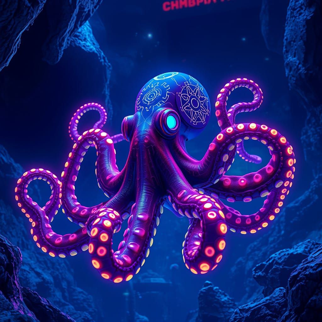 Octopus in Neon-Lit Aquatic Futurism