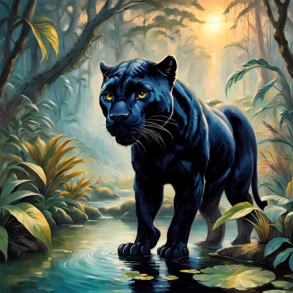 Black Panther in Serene Jungle Oasis