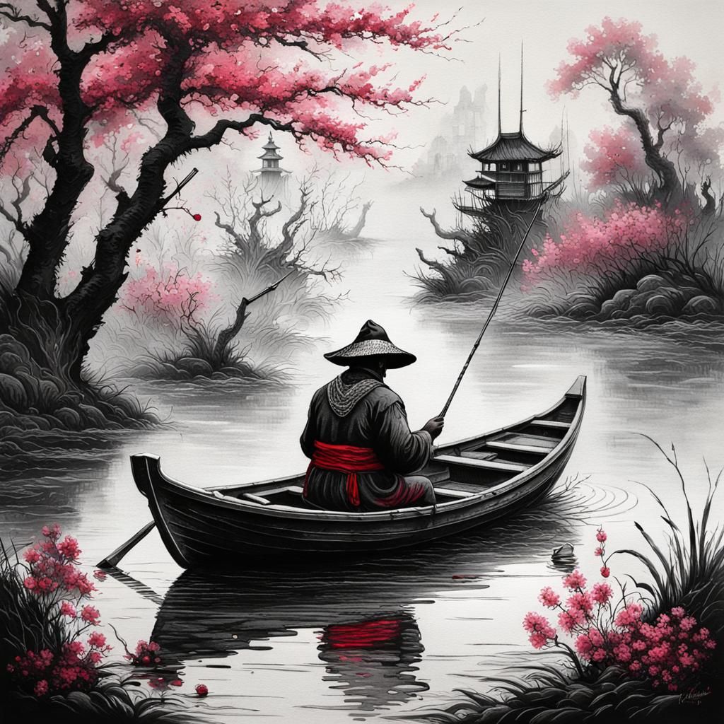 Fisherman in Boat with Cherry Tree, Ink Painting