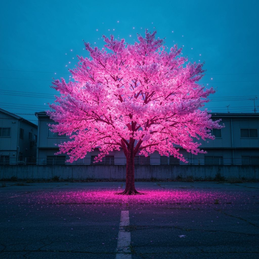 Glowing Cherry Blossom in Wasteland: Hyperrealistic Photo