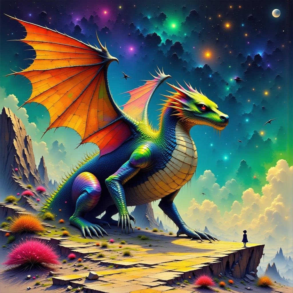 Ancient Dragon Statue on Alien Planet in CGI Cartoon Style