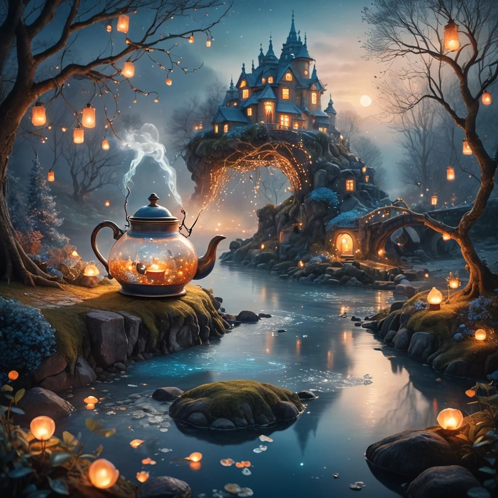 Fantastical World Unveiled from Teapot in Watercolor Style