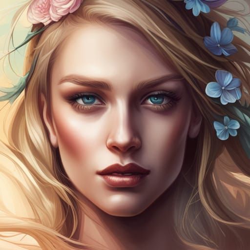 Blonde Girl Portrait with Flowers in Art Nouveau Style