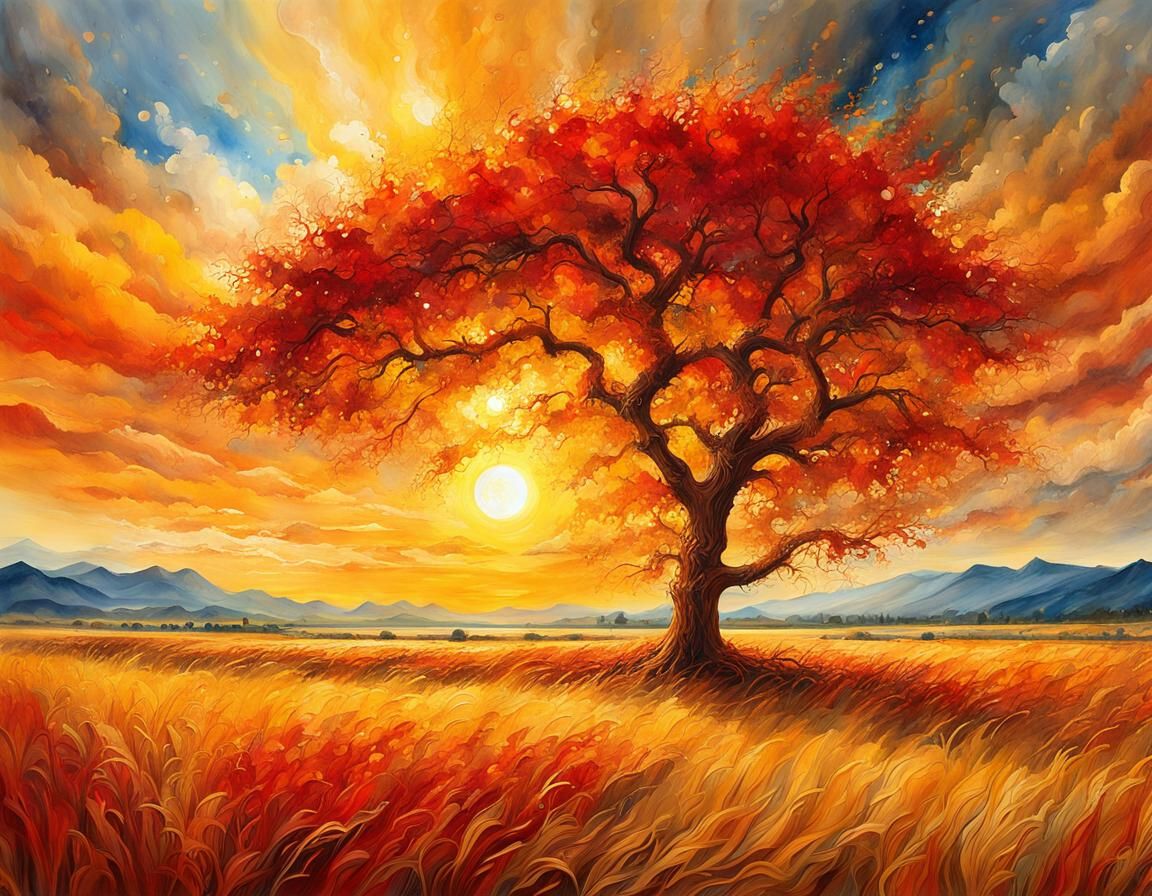 Golden Sun Over Steppe Field: Oil and Watercolor Painting