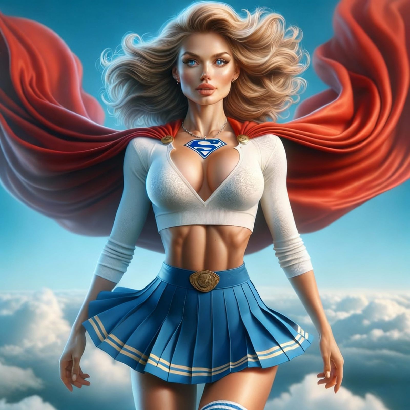 Supergirl Floating Above Clouds in Hyper-Realistic Style